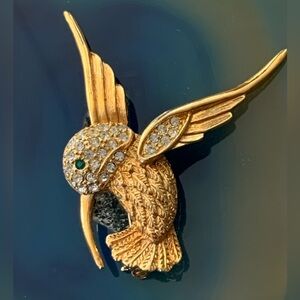 Vintage Golden Hummingbird Rhinestone Brooch